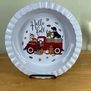 Vintage Hello Fall Nantucket Round Pie Plate Pan 10" Ceramic Dogs & Cats Holiday